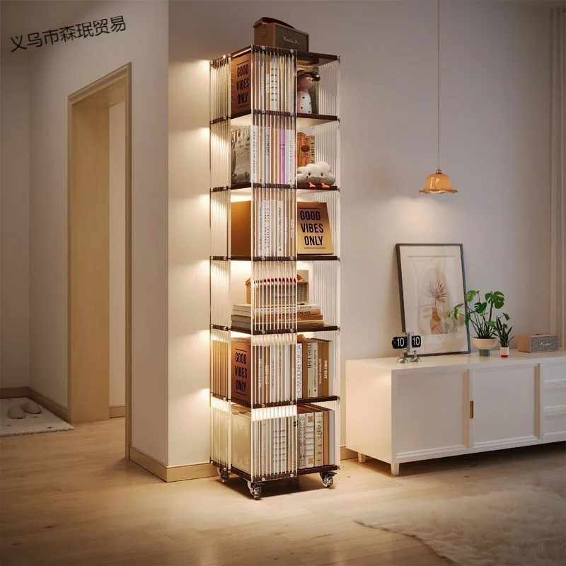 Acrylic rotating bookshelf 360 degree living room TV side shelf storage movable multi-layer solid wood bookcase