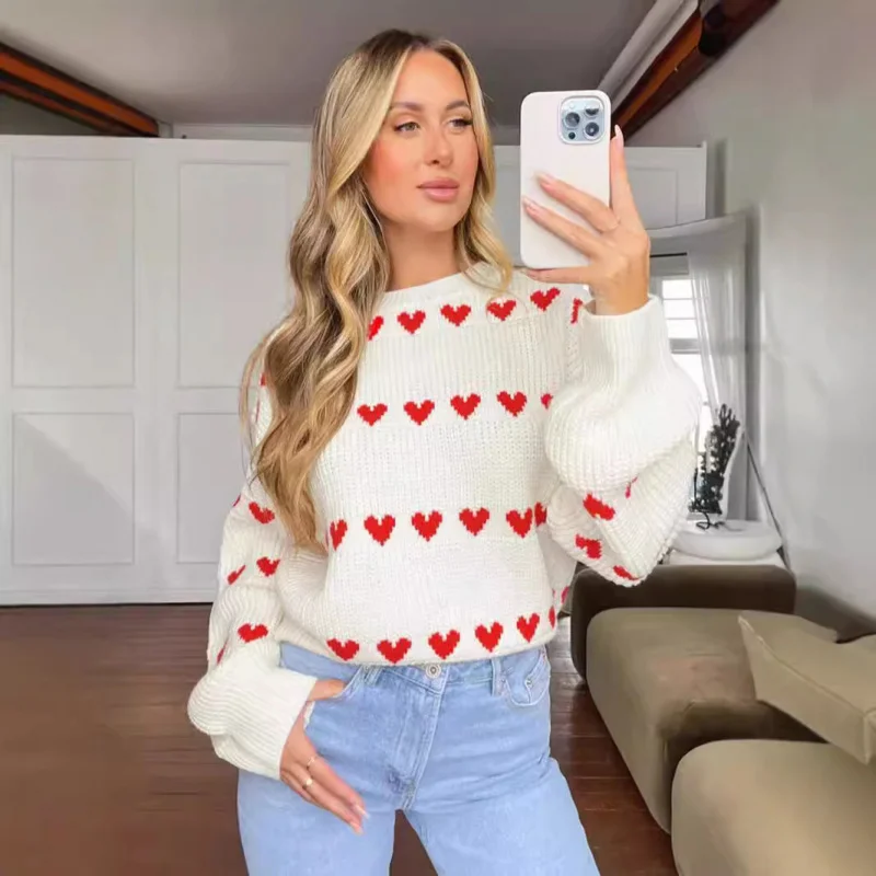 

2025Autumn Winter New Hot Sale Valentine's Day Heart Pattern Loose Sweater Knitted Top Women