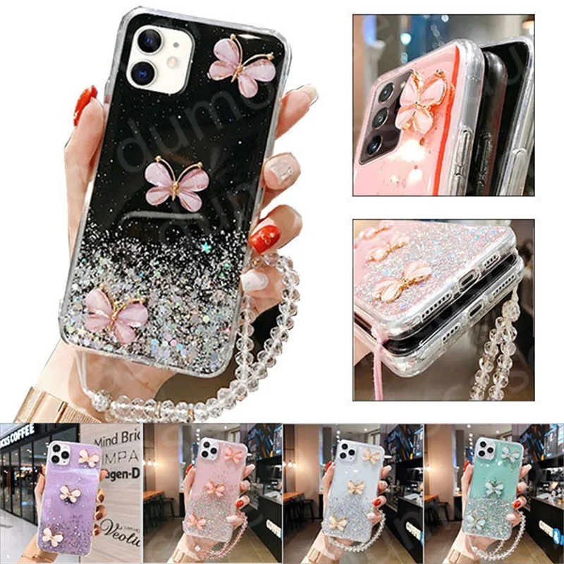 10PC Bling Glitter Butterfly Lanyard Phone Case for Samsung Galaxy S22 S21 S20 Note 8 9 10 20 Ultra S10 S9 S8 Plus A32 A52 Cover