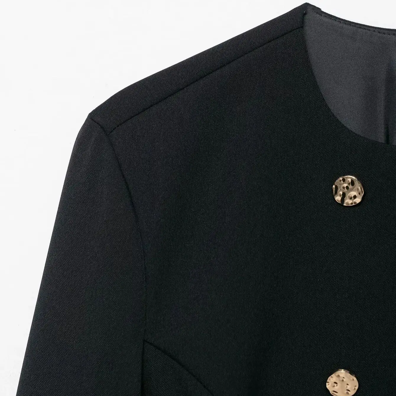 سترة نسائية سادة بأكمام طويلة ورقبة دائرية مزدوجة الصدر وأزرار معدنية سترة قصيرة ضيقة للمكتب