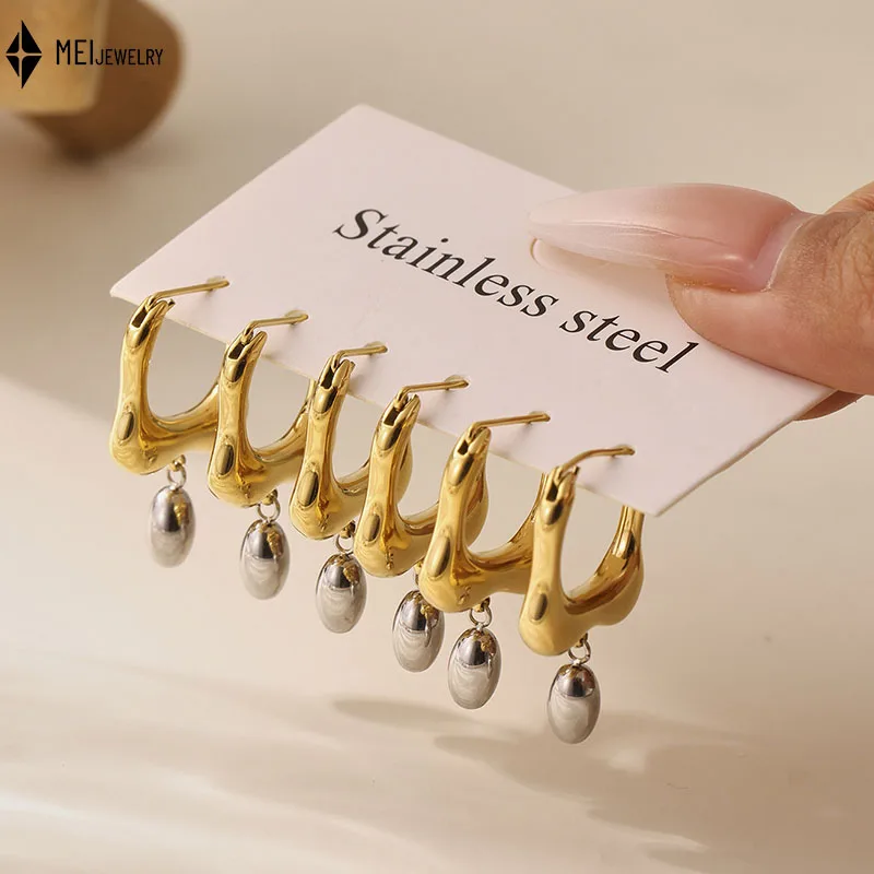 Stainless Steel Jewelry Oval Pendant High Polishing Two Tone Color Blocking Flowing Earrings  ﻿