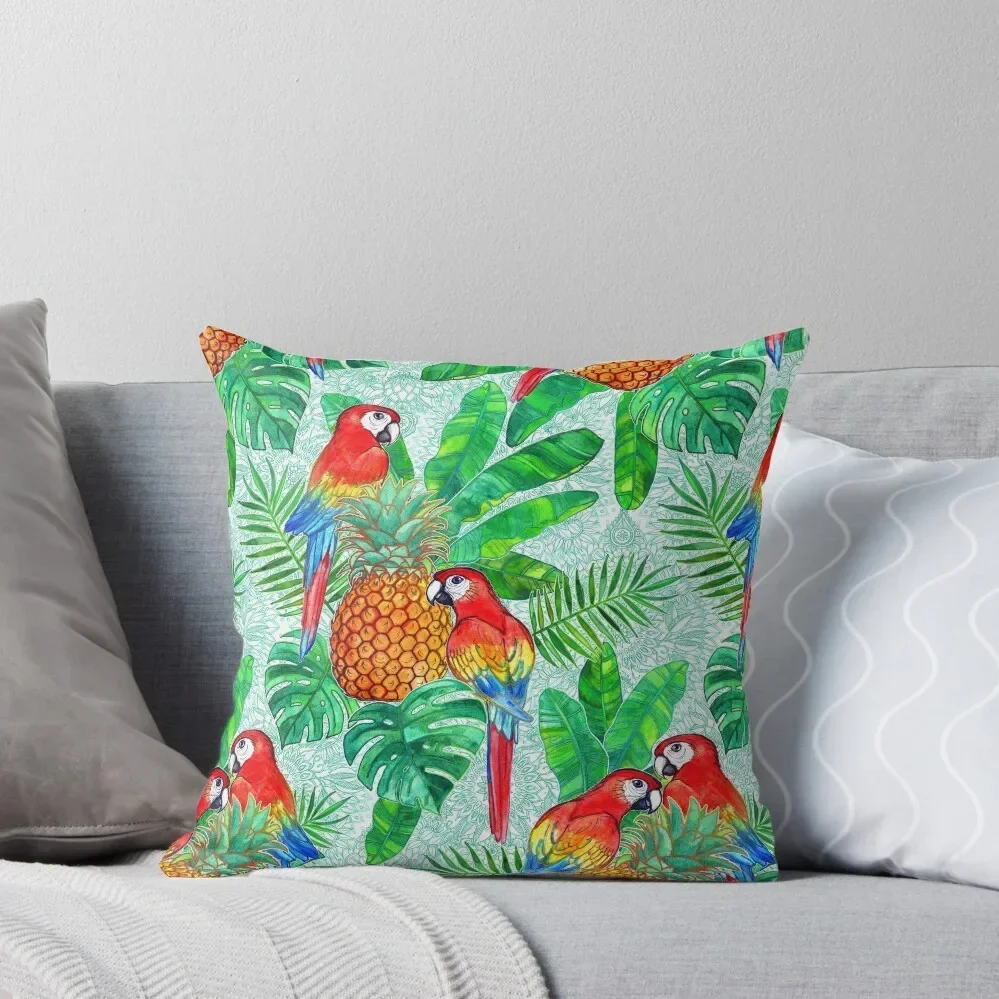 

Pineapples and Parrots Tropical Summer Pattern Throw Pillow New year Plaid Sofa pillow