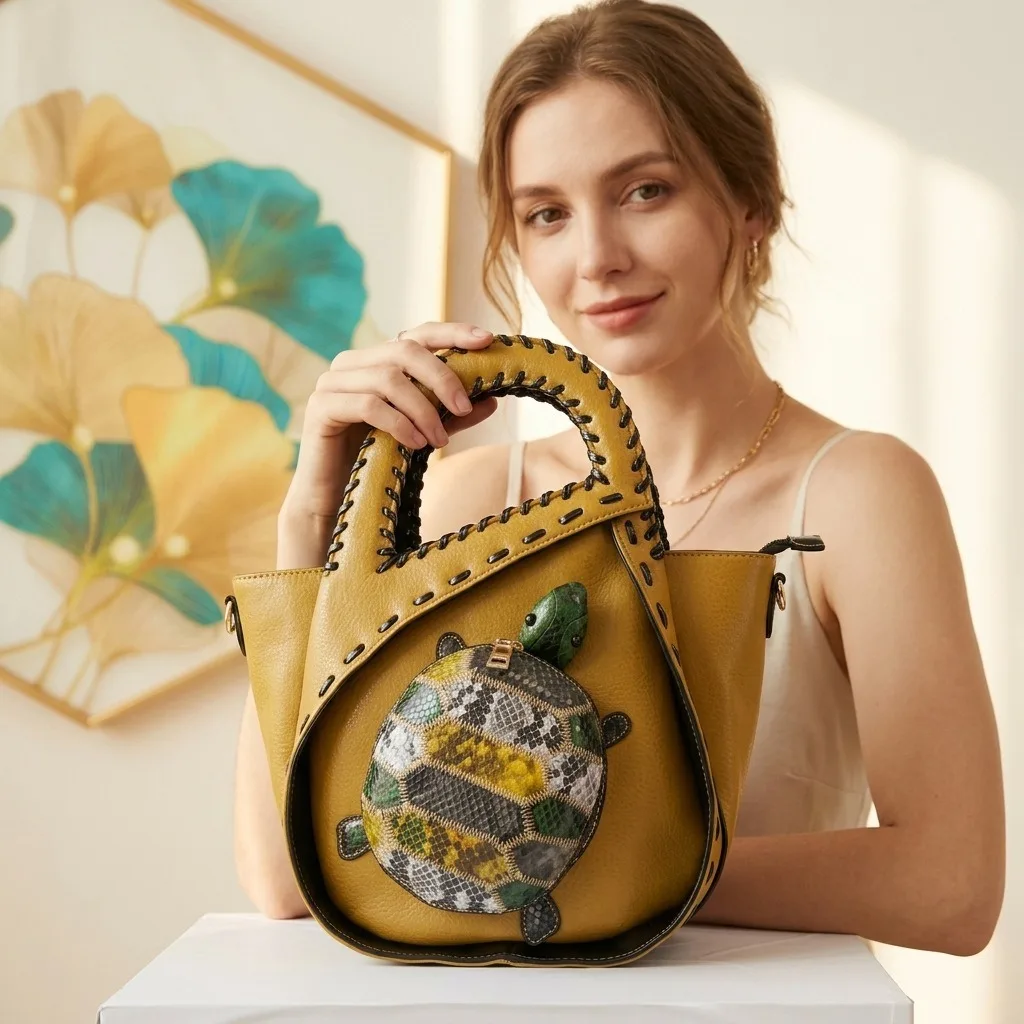 Color Blocking Large Capacity Handbag Creative Turtle Shaped Shoulder Bag Woven Circular Handle Python Pattern Bag 2 Pieces Set