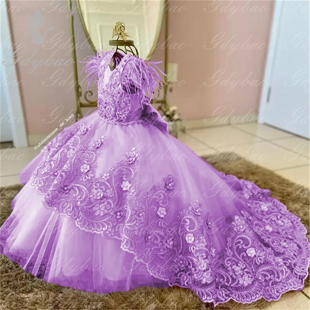 Vestido de flores lila con plumas para niña, apliques de boda, encaje hinchado con lazo, Princesa, desfile de belleza, vestidos de baile de primera comunión