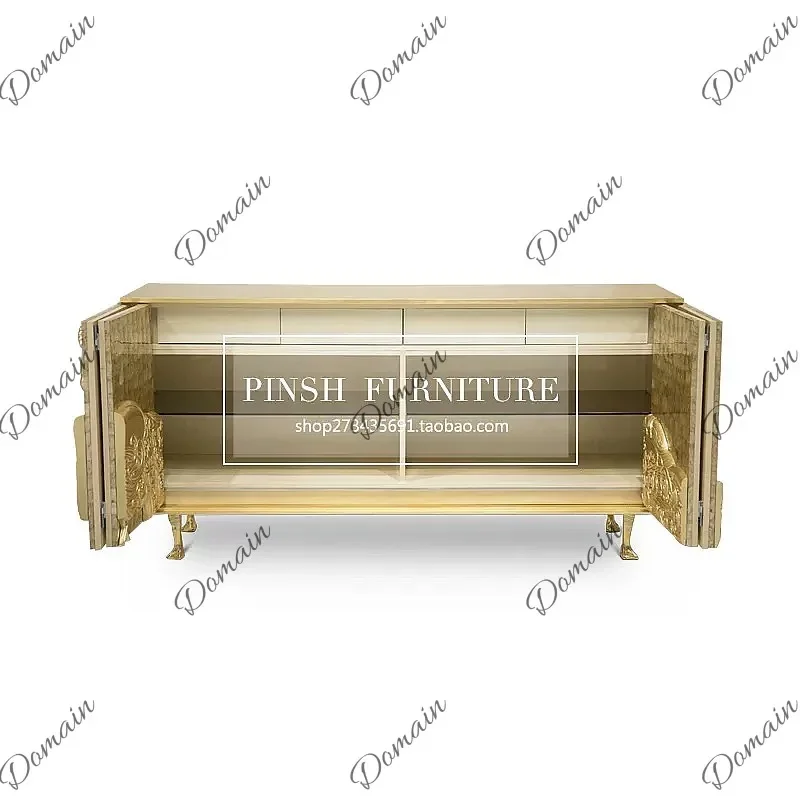 PL Nordic Luxury Solid Wood Gold Peacock Carved Entrance Cabinet Sideboard Storage Shell TV Cabinet Y