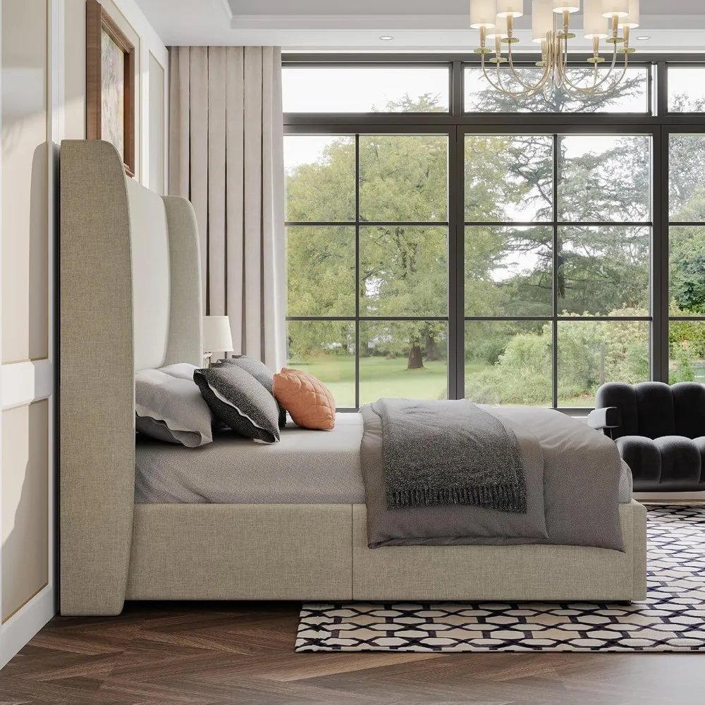 Lift Up Storage Bed King Size Linen Upholstered Platform Beds Frame, Wingback Headboard, No Box Spring Needed, King Bed Frame