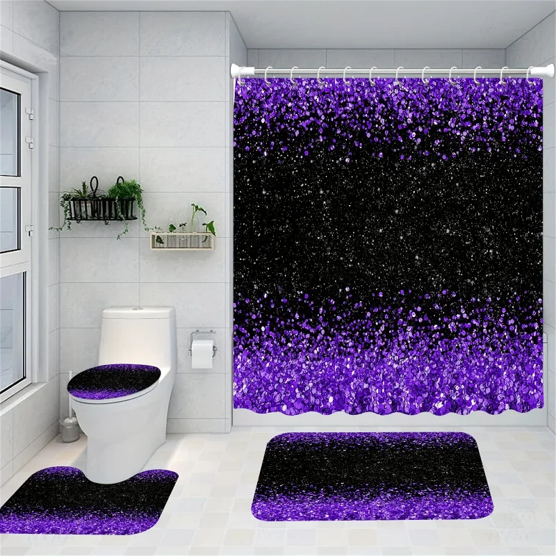 1/4pcs Purple Sparkling Diamond Printed Shower Curtain Set, Waterproof Bathroom Partition Curtain With Hooks, Non-Slip Bath Back