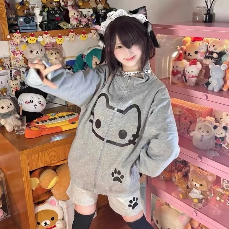 Cat Print Zipper Long Sleeve Stand Collar Women Loose Preppy Style Y2k Gray Japanese Sweatshirts Kawaii Sweet Sudadera Mujer