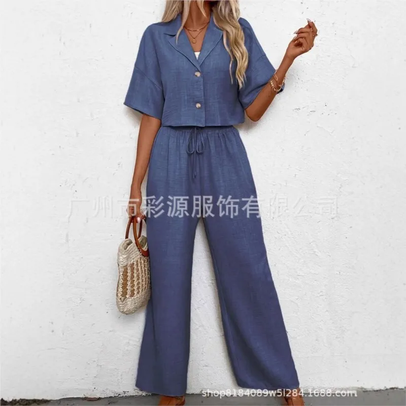 

Elegant And Fashionable Polo Collar Short Sleeved Button Up Suit Jacket And Wide Leg Pants Solid Color Set For Women's Clothing
