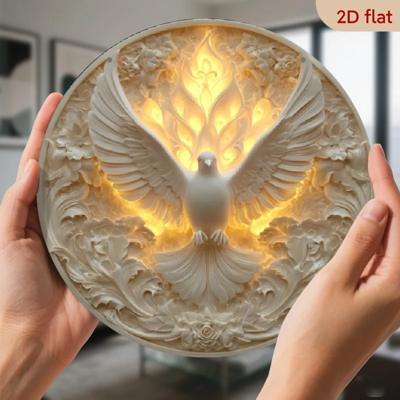 2D Flat, 2D Flat 2D Plane, 8.0X8.0 inch Holy Spirit Dove Metal Wall Art - Elegant Round Religious Sign with Luminous Effect, Odo