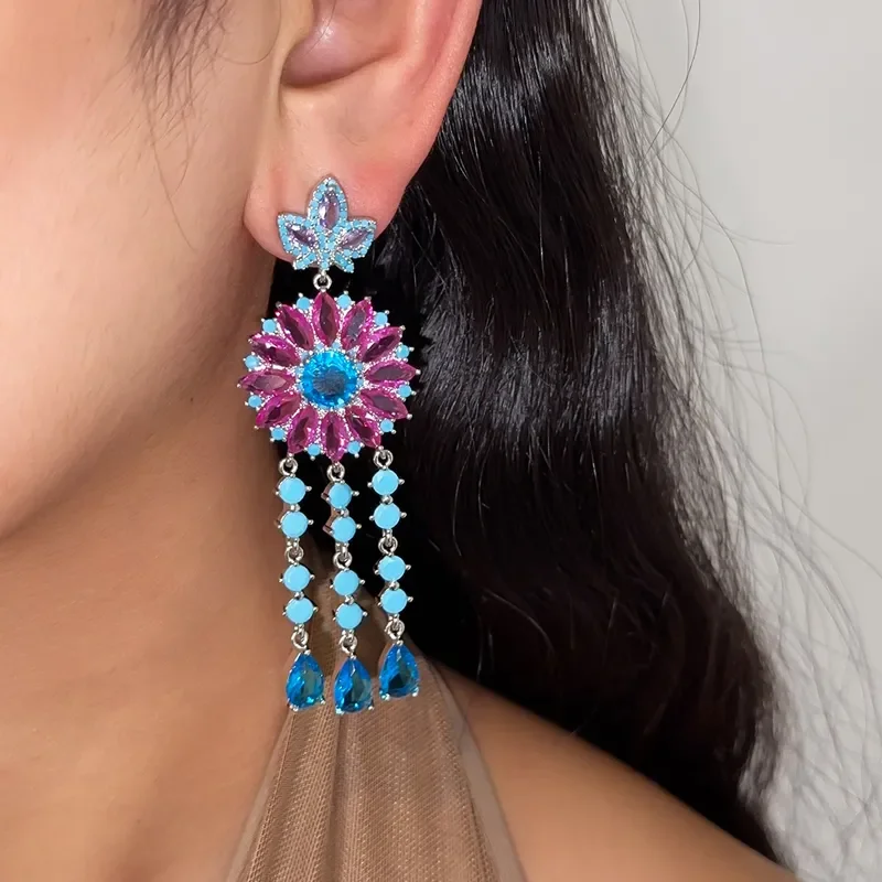 Aegean Symphony Flower Stems Tassel Earrings Light Luxury Premium Retro Earrings Medieval Heavy Industry Full Zirconium