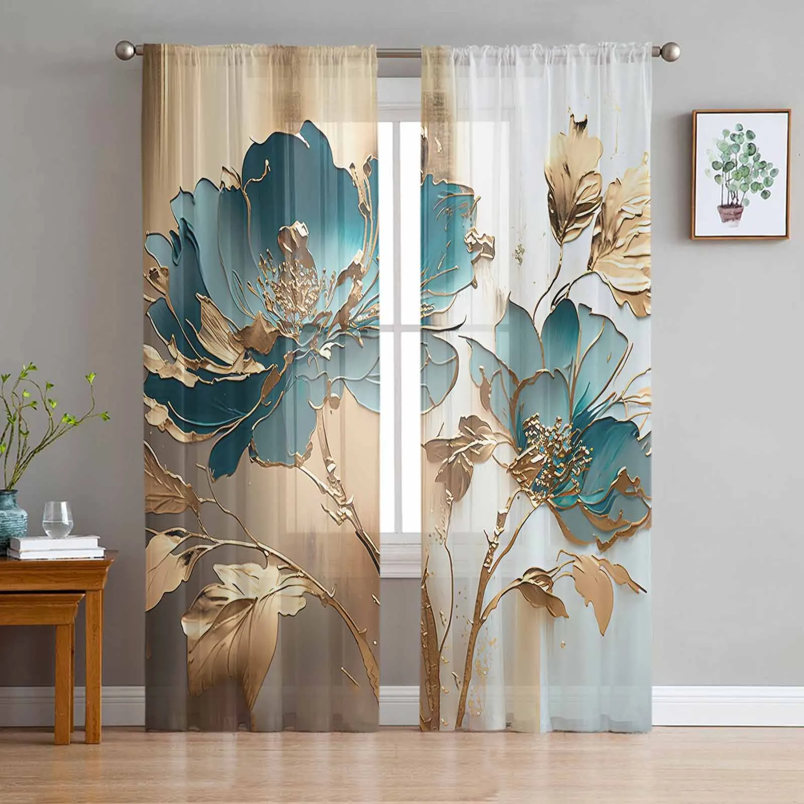 Oil Painting Metal Flowers Realistic Gold Foil Sheer Curtains For Living Room Modern Valance Curtains For Kitchen Tulle Curtains