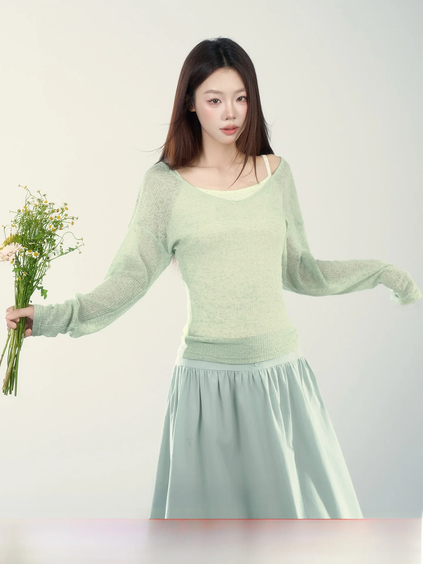 

Faionable Korean Sle Knitted Top And Vest Set V-Ne Slimming Small Berries Floral Print Two-Piece Women's Clothing