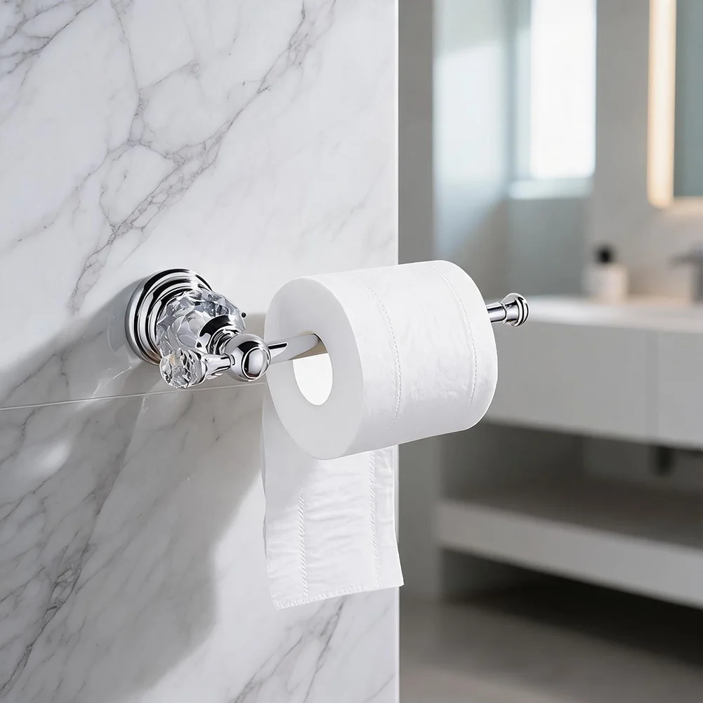 Polished Chrome Glass Toilet Paper Holder With Anti-Slip Tail, Wall Mount Roll Holder For Bathroom & Living Room