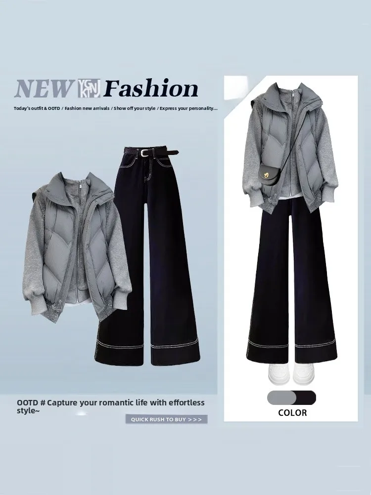 

Теплый жилет на молнии Thiened, комплект из зимних широких брюк с высокой талией, комплект из футболки, модный повседневный женский ансамбль