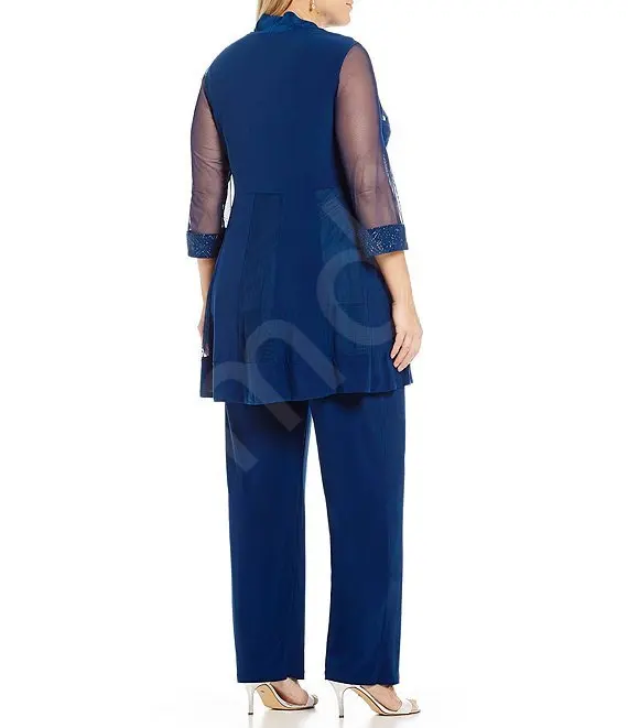 Customized Elegant Navy Blue Mother of the Bride Pantsuit Dresses with Jacket Sheer Mesh 3/4 Sleeves Three Piece Wedding Events