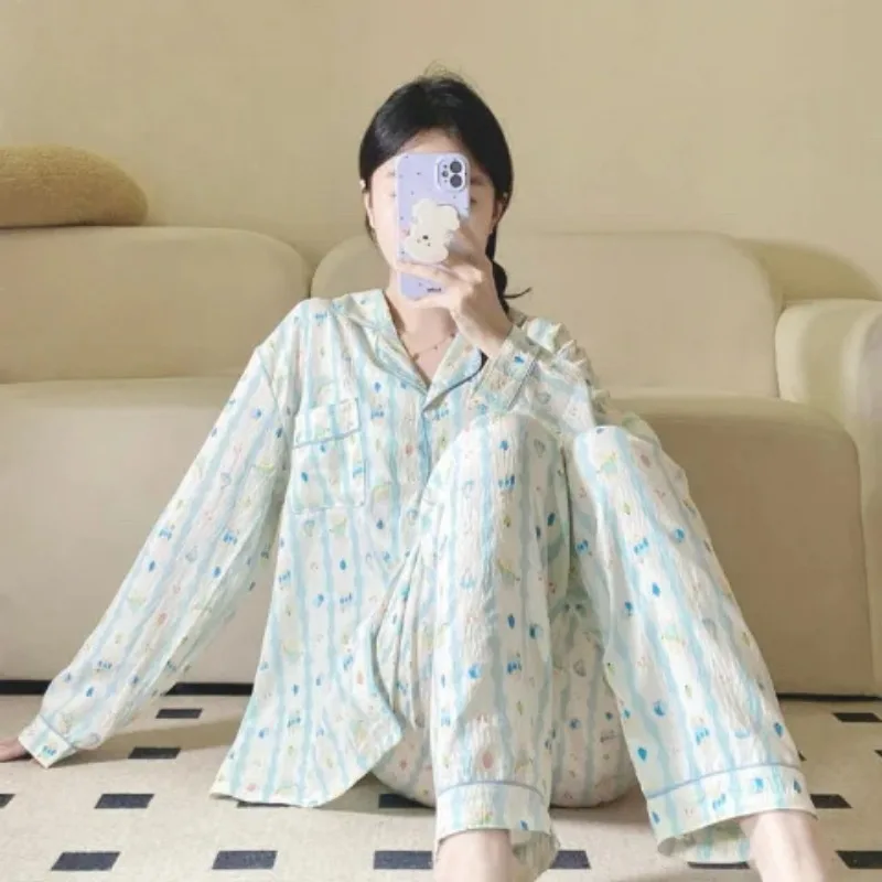 가을, 겨울 여성의 달콤한 줄무늬 긴 소매 사계절 잠옷 학생 잠옷 플러스 사이즈 폴리 에스터 직물 잠옷