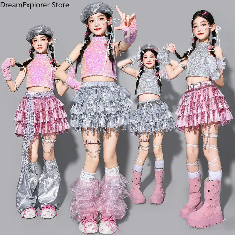 Girls K-pop Sequin Crop Top Street Dance Fringed Skirt‌ Clothes Sets Kids Hip Hop Shiny Costumes Children Girl Group Streetwear