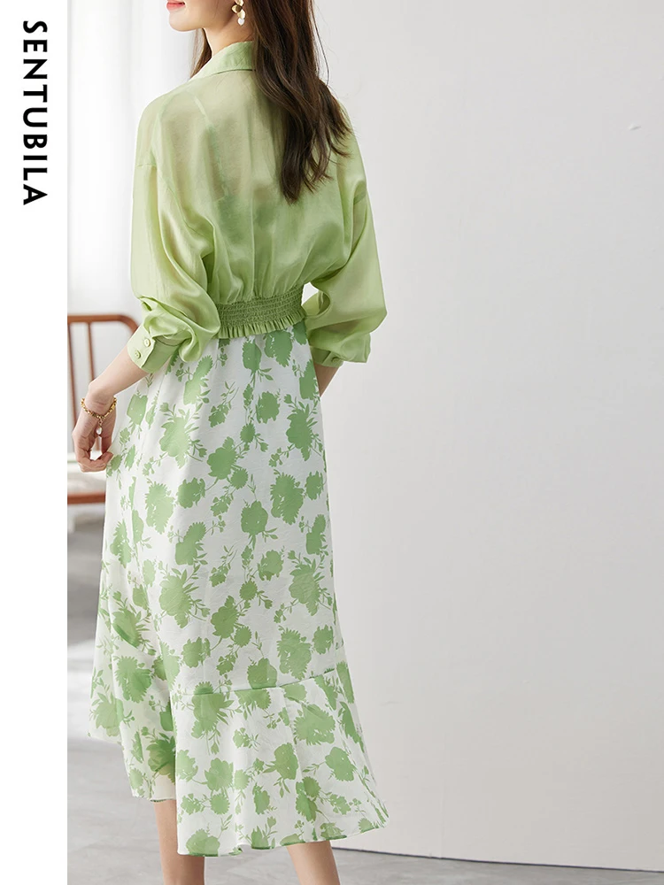 SENTUBILA 2 Piece Dress Sets Women 2024 Elegant Fashion Summer Vacation Outfit Green Print Cami Dress Thin Crop Shirts 132Z47993