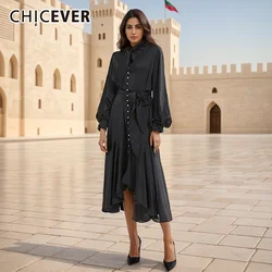 CHICEVER Slimming Solid Dresses For Women Stand Collar Lantern Sleeve High Waist Asymmetrical Mid Dress Female Summer Clothing