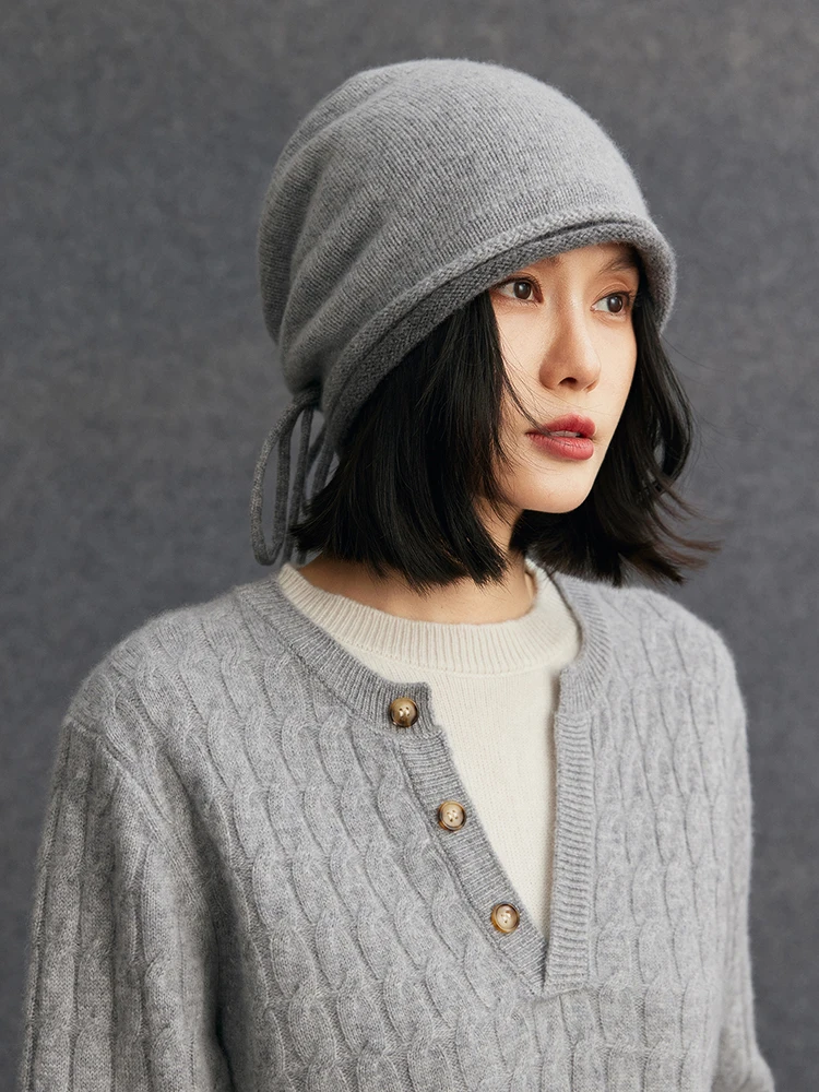 TLOML Women 100% Cashmere Double Edge Design Curled Edges Hat Keep Hat Warm Autumn Winter Soft Thick Cashmere Knitted Comfy Hat