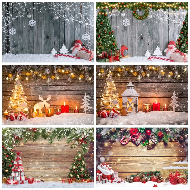 Wooden Board Christmas Backdrop Photography Xmas Rustic Wood Wall Snow Glitter Tree Balls Family Party Photo Background Props