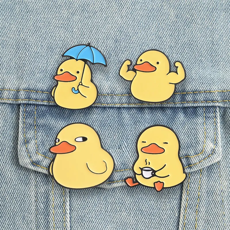 Kawaii Chubby Duck Enamel Pins Sassy Coffee Umbrella Muscle Ducklings Brooches Badges Fun Animal Jewelry Gift for Friends