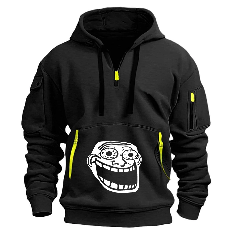 

2025 новый мужской пуловер с полумолнией, весна-осень, модная толстовка с капюшоном в виде тролля, теплая флисовая дизайнерская одежда с несколькими карманами