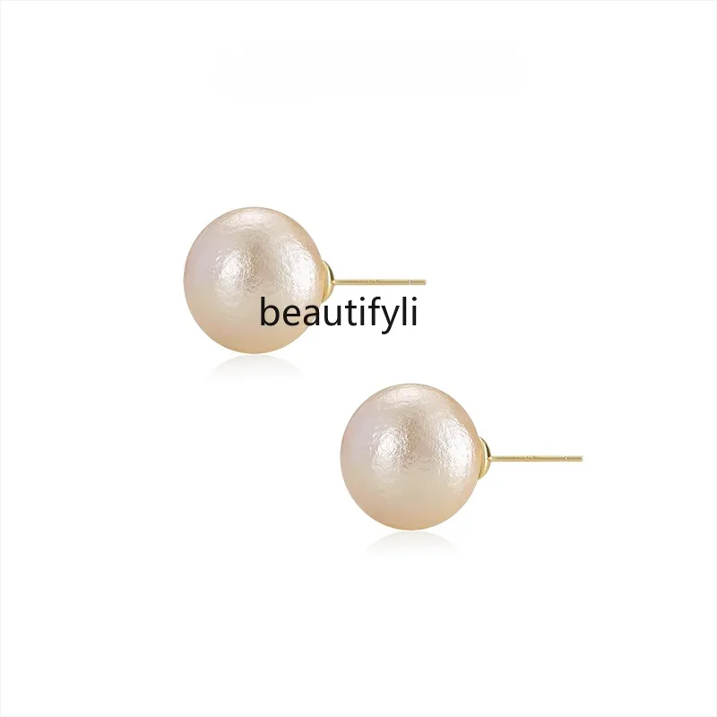 yj Silver Pearl Stud Earrings French Style Retro Elegant Cotton Earrings All-Matching Graceful Ear Rings