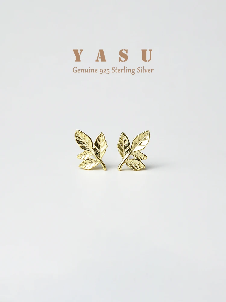 Genuine 925 Sterling Silver Stud Earrings Unique Golden Maple Leaf Earrings for Women 14K Gold Plated Small Jewelry Accessories