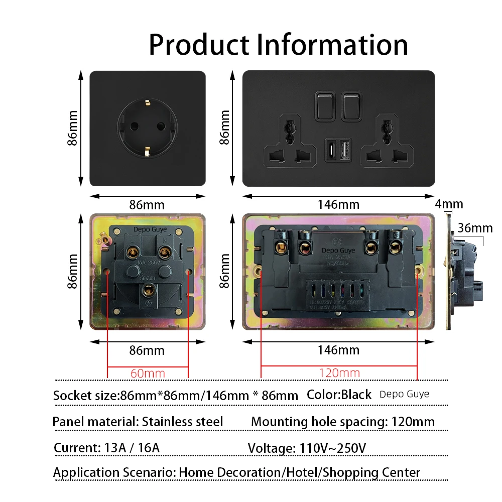 86 Type Retro Switch 1-4 Gang 2 Way Wall Light Brass Lever Toggle Switch Black Matte Stainless Steel Panel EU FR Power Outlet