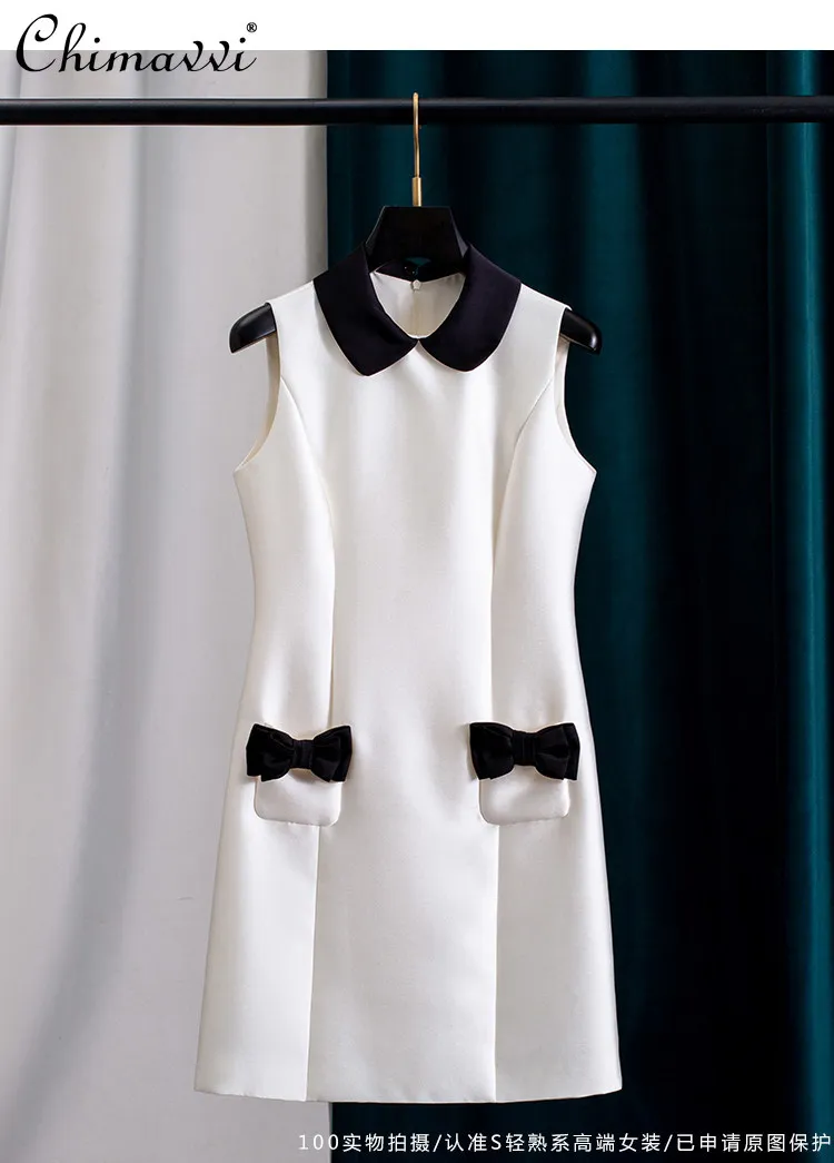 

French Elegant Fashion Socialite Doll Collar Sleeveless Bow Pocket High Waist Slim A-line Short Party Dresses For Women Summer