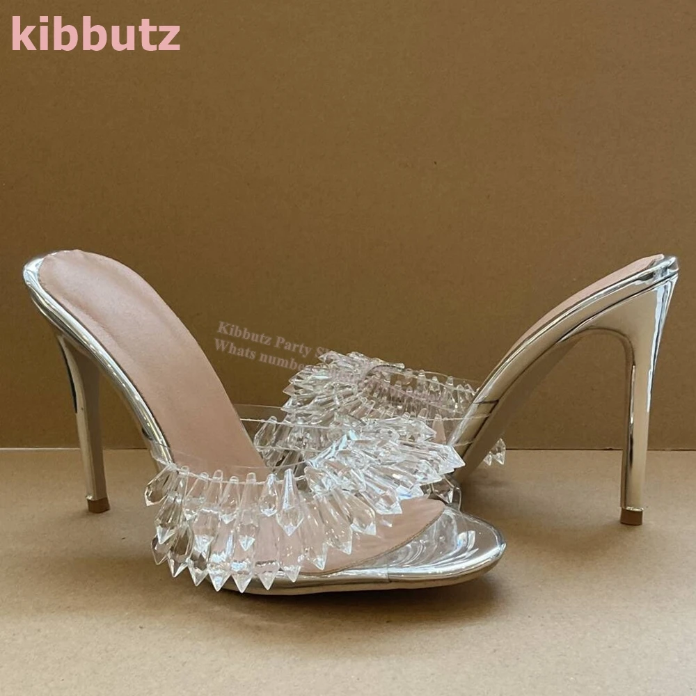 Kryształowe pantofle sandały błyszczące Rhinestone prawdziwej skóry Hollow Slip-On szpiczasty nosek na cienkim obcasie moda luksusowe seksowne buty