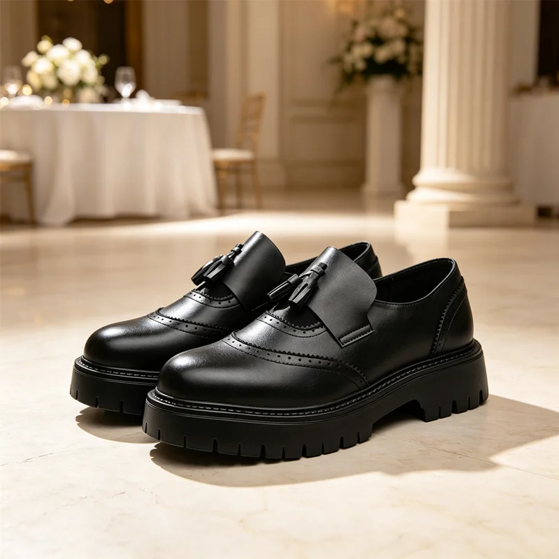 Men 4CM Height Increasing Platform Tassel Loafers Black White Spliced Brogue Leather Shoes Slip On Wedding Party Formal Footwear