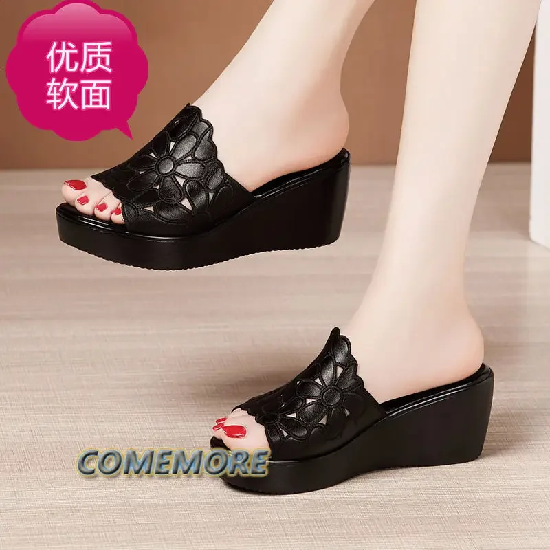 Platform Black Summer Women\'s Sandals PU Leather Wedges High Heel Hollow Peep Toe Female Ladies Shoes Beach Slippers Rome Style