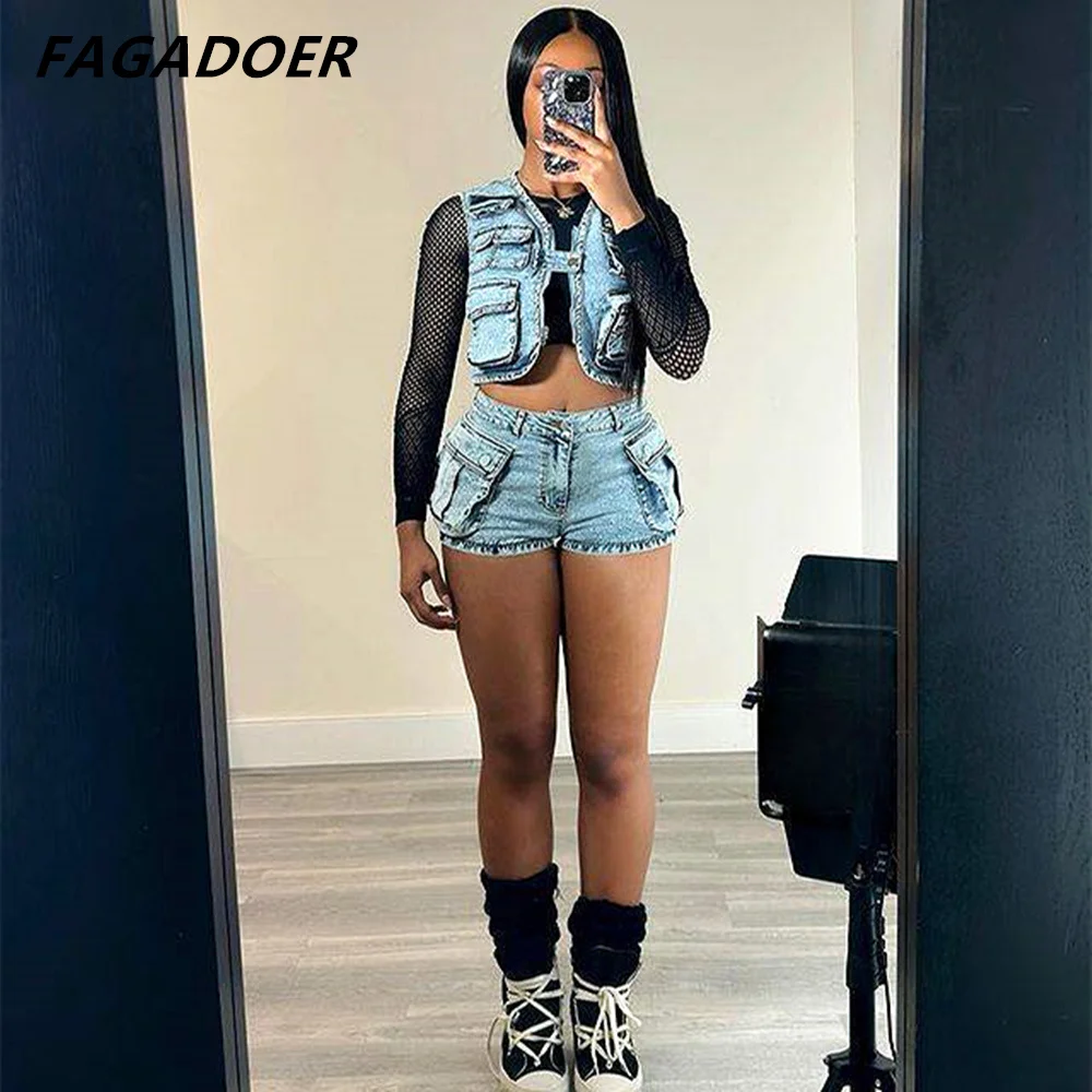 FAGADOER Light Blue Fashion Denim Pocket Streetwear Women Sleeveless Jacket Vest + Shorts Two Piece Sets Summer New 2pcs Outfits