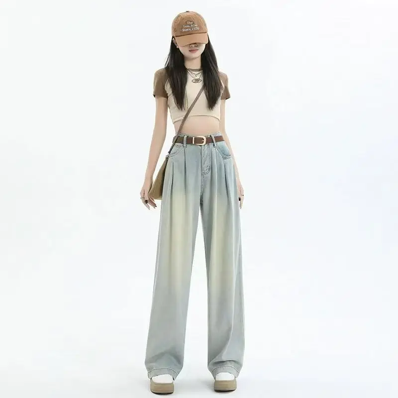 High Waist Wide Leg Loose Fit Denim Jeans Women's Straight Cut Floor Length Trousers Folded Design Sensation Pear Shape