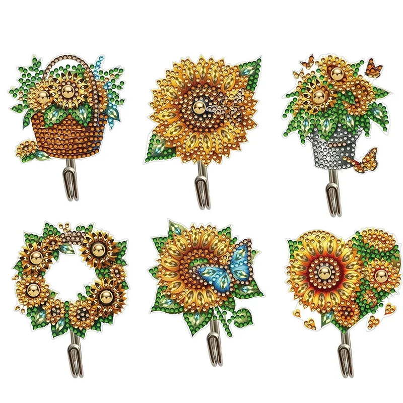 DIAPAI 6pcs/set DIY Special-shaped Sunflower 5D Diamond Painting Wall-mounted Key Hook Kit Rhinestone Embroidery Home Decor Gift