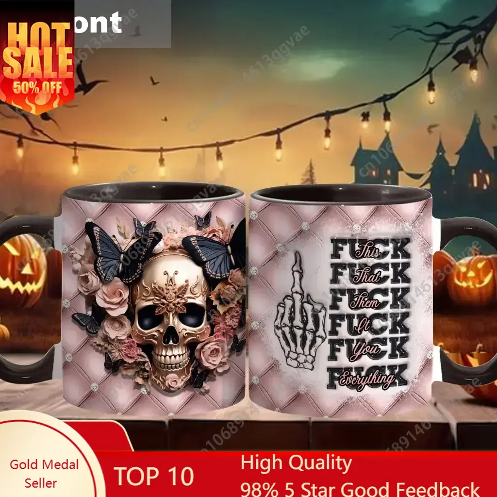 

Beautiful Skull Coffee Mug Unhinged Skull Print Design Flowers and Butterflies Skull Ceramic Cups Drinkware Halloween Mugs
