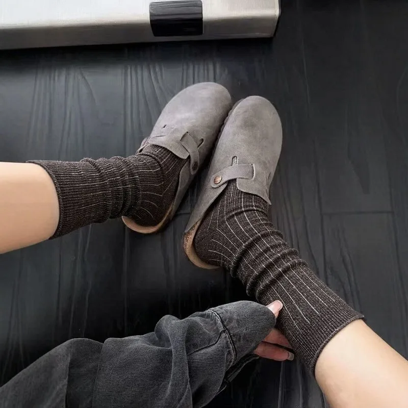 Women's Cashmere Glitter Slouch Socks, Fall Winter Retro Warm Slim Fit, Ribbed Vertical Stripe Mid Calf Calf Socks