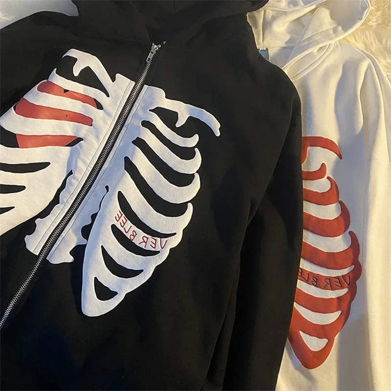 เสื้อสเวตเตอร์มีฮู้ดลายโครงกระดูกแฟชั่น2023มีซิป Y2K เสื้อสำหรับผู้หญิงผู้ชายเสื้อฮาราจูกุลำลองของคู่รักเสื้อแนวสตรีทแบบหลวม