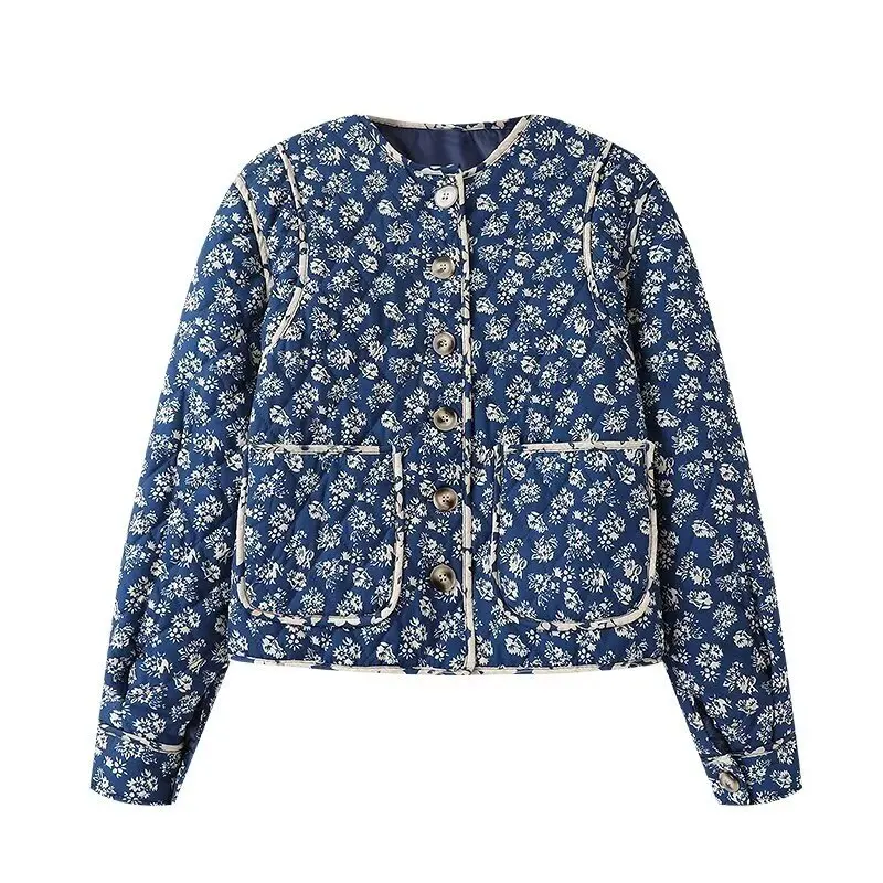 

Lightweight Cotton Jaet Women's Vintage Blue Porcelain Floral Patchwork round Ne Autumn Winter New Arrival Outerwear