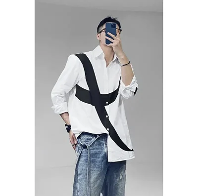 XS-6XL New 2024 Men Women's Clothing Catwalk Black White Stitching Letter Printed Long Sleeve Shirt Plus Size Costumes