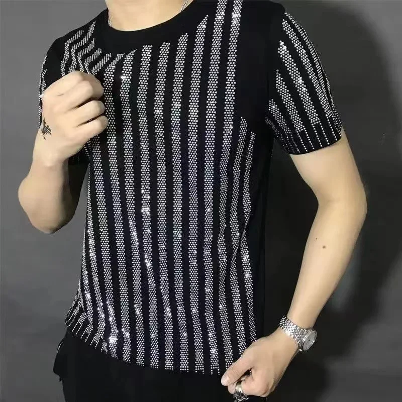 L-6X Hot drill t-shirt style Rhinestones men\'s short sleeve top quality man heavy industry T-shirt
