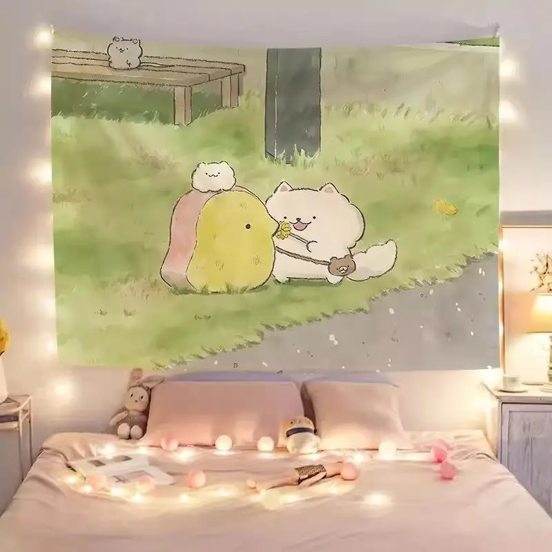 VIKAMA Cartoon Ins Background Cute Bedroom Hand-Painted Bedside Illustration Dormitory Room Wall Tapestry Tapestry Decoration