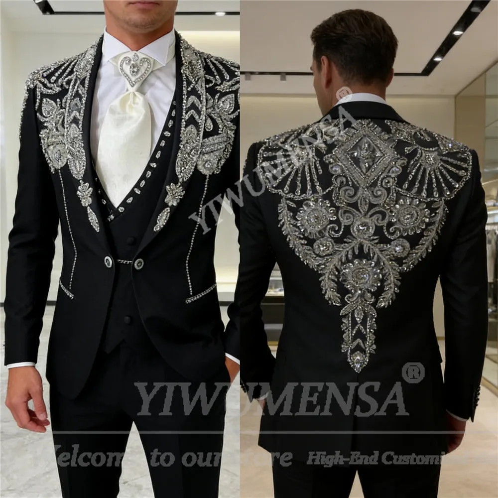 

Эксклюзивный мужской костюм-тройка с украшениями из блестящих камней, приталенный крой, для жениха, свадебный смокинг, индивидуальный пошив
