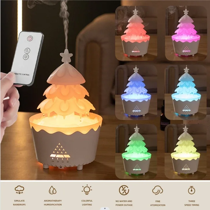 250ml Humidifier Lucky Tree with RC,7 Color Lights,Rain Cloud Essential Oil Diffusers Rotatable,Water Drip Aromatherapy Diffuse