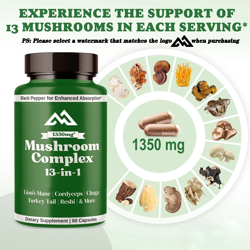 Mushroom capsules, 13 in 1 containing lion mane, Ganoderma lucidum, cordyceps, etc., promote focus, clarity, and memory