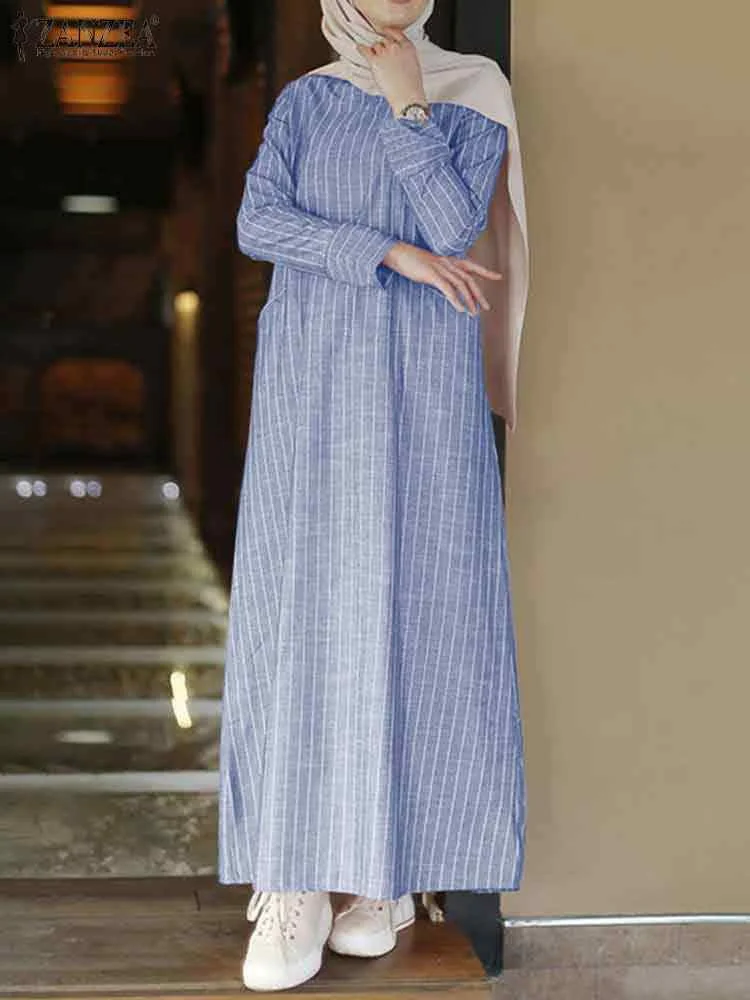 2023 ZANZEA Muslim Maxi Dress Women\'s Autumn Striped Sundress Casual Long Sleeve Vestidos Female O Neck Cotton Robe Oversize