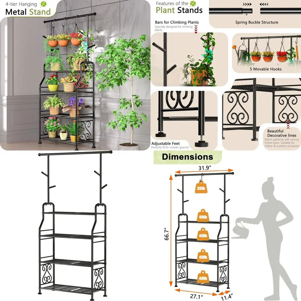 

4-ярусная металлическая подставка для растений для использования в помещении и на улице, вмещает 17 растений, с крючками и держателями, идеально подходит для патио, гостиной, сада и балкона.